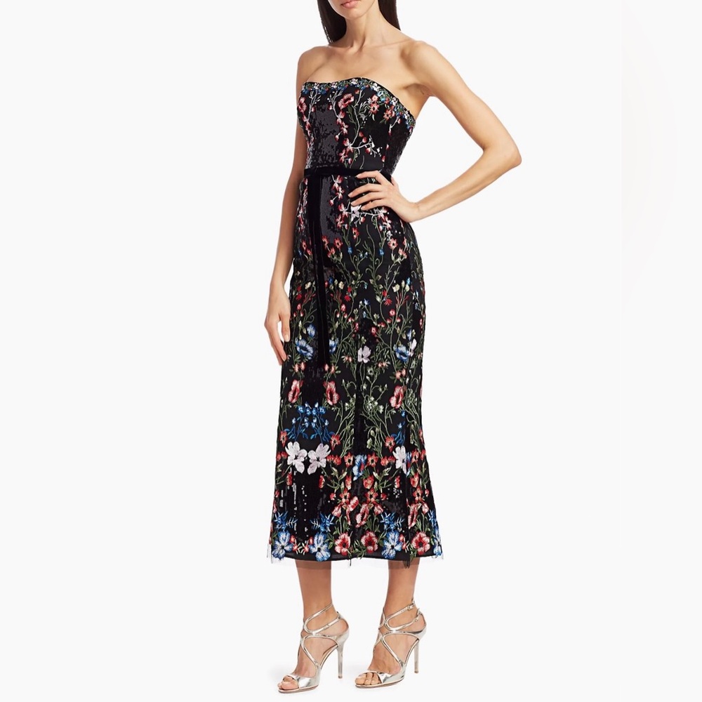 Marchesa Notte Sequin Embellished and Embroidered Midi Cocktail Dress - Size 4